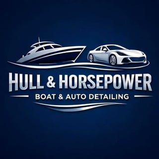 Hull & Horsepower logo featuring a luxury yacht and sports car with company name and boat and auto detailing tagline on dark blue background